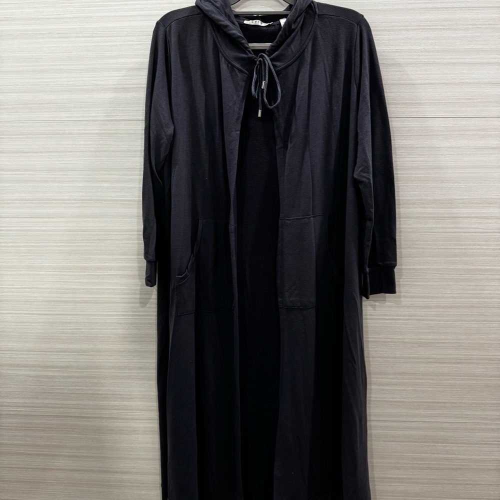 Cyrus Charcoal Jersey Knit Hooded Longline Cardigan Tie Closure with Pockets